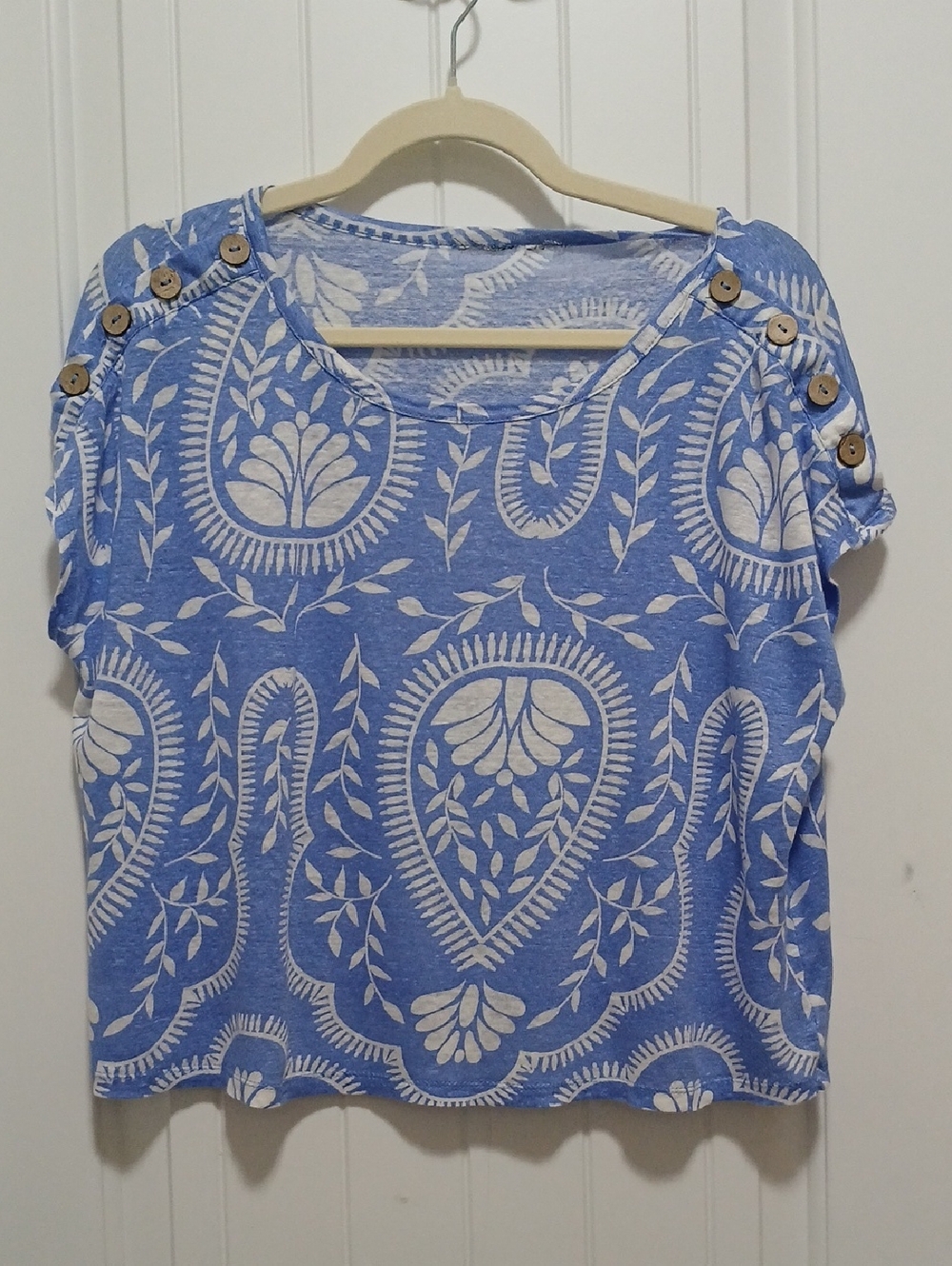 Blue Floral Print Button-Shoulder Women’s Top Linen blend